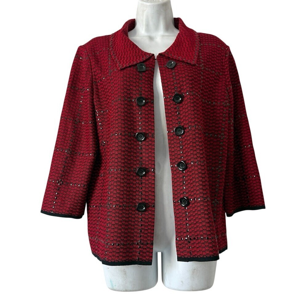 Ming Wang Cardigan Jacket Size L Red Black Textured Stud Trim 3/4 Classic Luxe